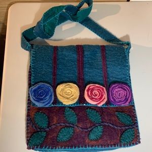Rising Tide Wool Purse Zip Closure, Purple, Pink, Yellow and Blue Roses